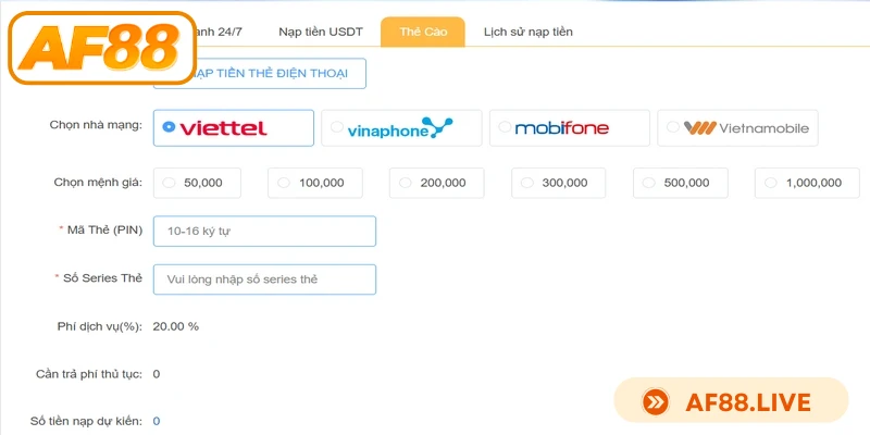 Chuyển tiền vào ví thẻ cào miễn phí, không giới hạn số lần nạp