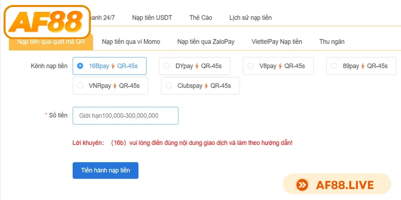Nạp tiền AF88 đơn giản, giúp trải nghiệm giải trí thêm tiện lợi